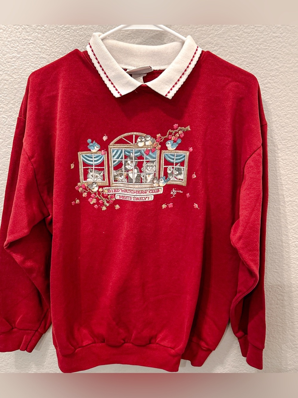 Morning Sun Sweatshirt Women’s Medium Cats Birds Grandma Cottage Sweater Collar